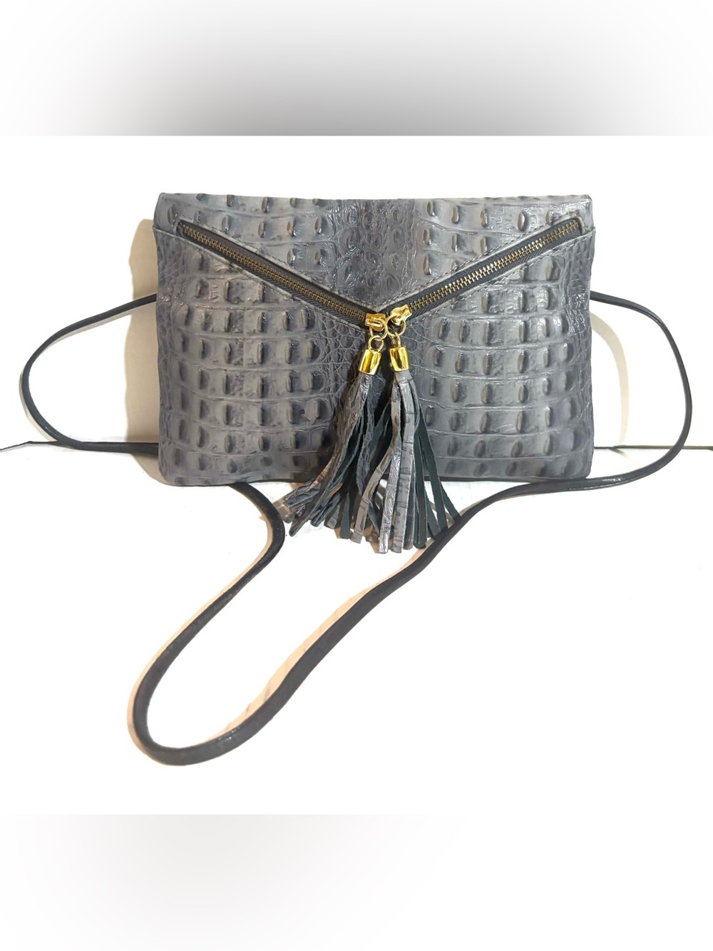 Croc-Embossed Gray Leather Crossbody Bag with Tassel Zippers